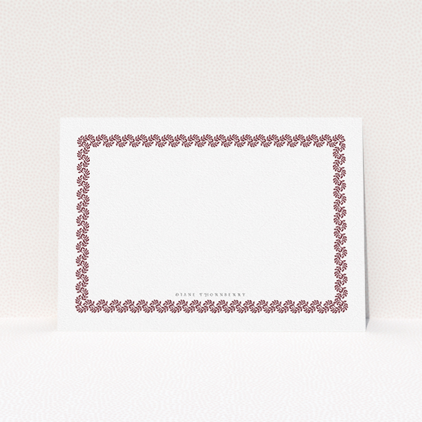 A ladies custom writing stationery design called "Around the garden wall maroon". It is an A5 card in a landscape orientation. "Around the garden wall maroon" is available as a flat card, with tones of burgundy and white.
