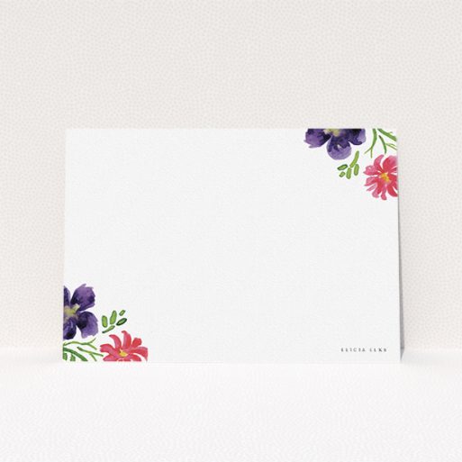 Custom Writing Stationery Design for Women - "Flowers encroaching" A ladies custom writing stationery called "Flowers encroaching". It is an A5 card in a landscape orientation. "Flowers encroaching" is available as a flat card, with tones of red, purple and green.
