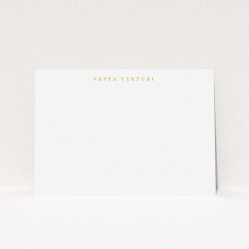 Custom Writing Stationery Design for Women - "Front centre" A ladies custom writing stationery named "Front centre". It is an A5 card in a landscape orientation. "Front centre" is available as a flat card, with tones of white and gold.