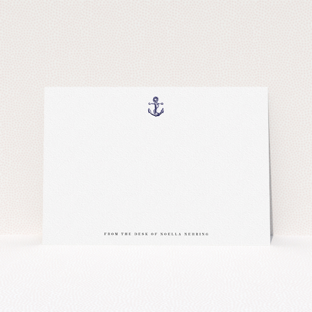 A ladies custom writing stationery design called "Land ahoy". It is an A5 card in a landscape orientation. "Land ahoy" is available as a flat card, with tones of white and blue.