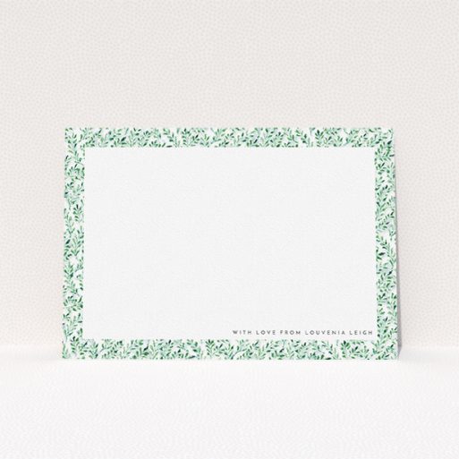 Custom Writing Stationery Design for Women - "Out of the hedge" A ladies custom writing stationery design named "Out of the hedge". It is an A5 card in a landscape orientation. "Out of the hedge" is available as a flat card, with tones of green and white.