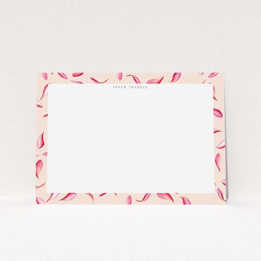 Custom Writing Stationery Design for Women - "Petal confetti" A ladies custom writing stationery design titled "Petal confetti". It is an A5 card in a landscape orientation. "Petal confetti" is available as a flat card, with tones of pink, red and white.