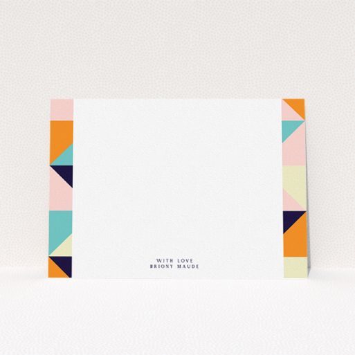 Custom Writing Stationery Design for Women - "Sloane Squares" A ladies custom writing stationery design titled "Sloane Squares". It is an A5 card in a landscape orientation. "Sloane Squares" is available as a flat card, with mainly orange colouring.