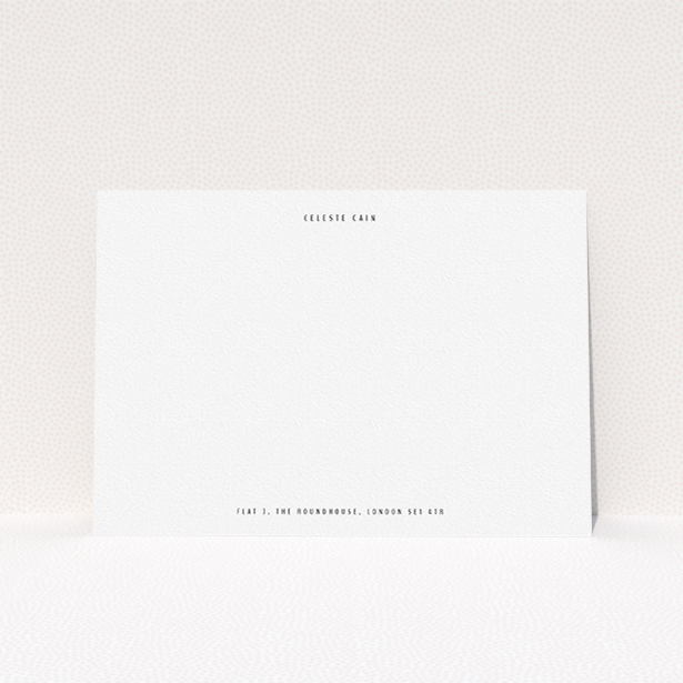 A ladies custom writing stationery design named "Straight to the point". It is an A5 card in a landscape orientation. "Straight to the point" is available as a flat card, with tones of white and black.