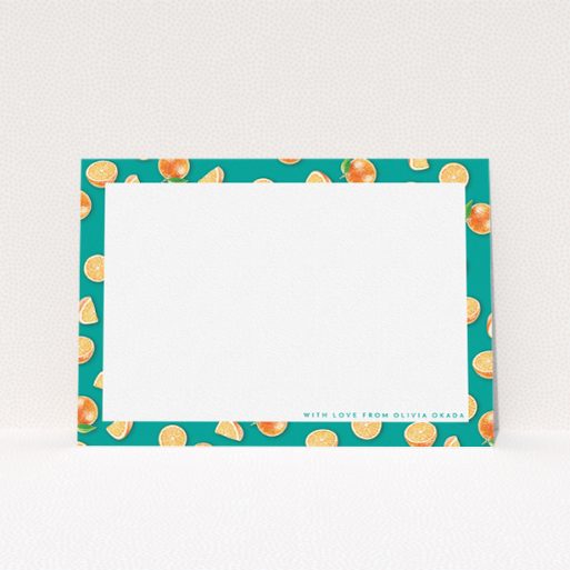 Custom Writing Stationery Design for Women - "Summer oranges" A ladies custom writing stationery template titled "Summer oranges". It is an A5 card in a landscape orientation. "Summer oranges" is available as a flat card, with tones of orange and blue.