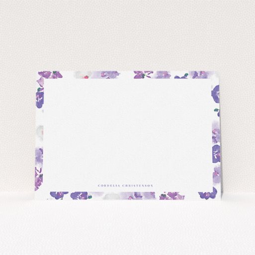 Custom Writing Stationery Design for Women - "Violet Scatter" A ladies custom writing stationery design called "Violet Scatter". It is an A5 card in a landscape orientation. "Violet Scatter" is available as a flat card, with mainly purple/dark pink colouring.