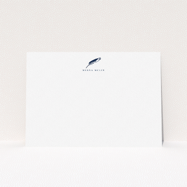 A ladies custom writing stationery design called "Written on the page". It is an A5 card in a landscape orientation. "Written on the page" is available as a flat card, with tones of white and blue.