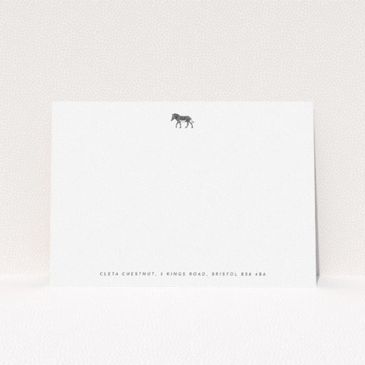 Custom Writing Stationery Design for Women - "Zebra crossing" A ladies custom writing stationery named "Zebra crossing". It is an A5 card in a landscape orientation. "Zebra crossing" is available as a flat card, with mainly white colouring.
