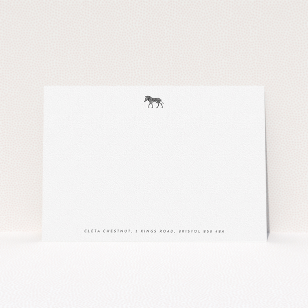 A ladies custom writing stationery named "Zebra crossing". It is an A5 card in a landscape orientation. "Zebra crossing" is available as a flat card, with mainly white colouring.