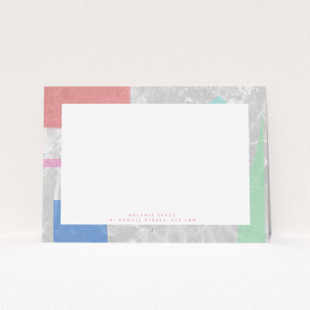 A ladies personalised note card design named "Abstract Stone". It is an A5 card in a landscape orientation. "Abstract Stone" is available as a flat card, with tones of light grey and red.