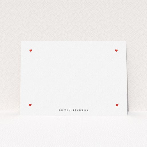 Personalised Note Card Design for Women - "All the hearts" A ladies personalised note card named "All the hearts". It is an A5 card in a landscape orientation. "All the hearts" is available as a flat card, with tones of white and red.