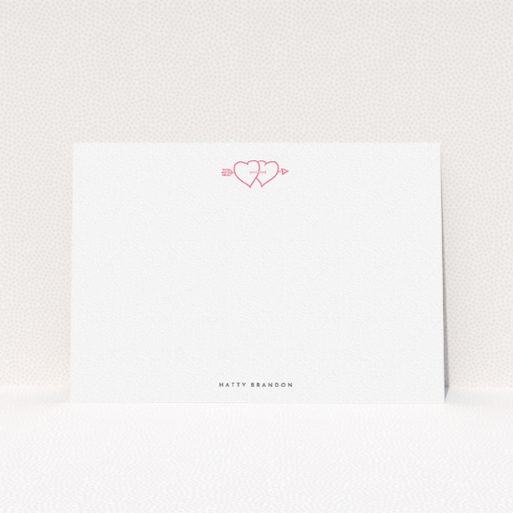Personalised Note Card Design for Women - "Arrow through the hearts" A ladies personalised note card design titled "Arrow through the hearts". It is an A5 card in a landscape orientation. "Arrow through the hearts" is available as a flat card, with tones of white and pink.