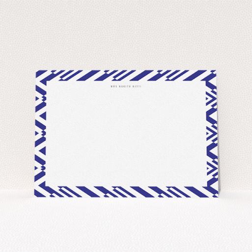 Personalised Note Card Design for Women - "Blue diamonds" A ladies personalised note card named "Blue diamonds". It is an A5 card in a landscape orientation. "Blue diamonds" is available as a flat card, with tones of blue and white.