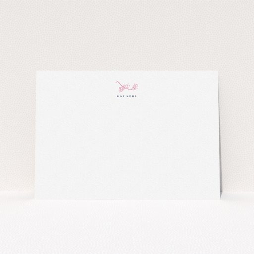 Personalised Note Card Design for Women - "Blushing blossom" A ladies personalised note card design titled "Blushing blossom". It is an A5 card in a landscape orientation. "Blushing blossom" is available as a flat card, with tones of white and pink.