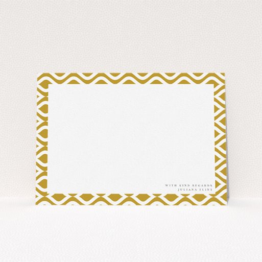 Personalised Note Card Design for Women - "Classic whirl" A ladies personalised note card called "Classic whirl". It is an A5 card in a landscape orientation. "Classic whirl" is available as a flat card, with tones of gold and white.