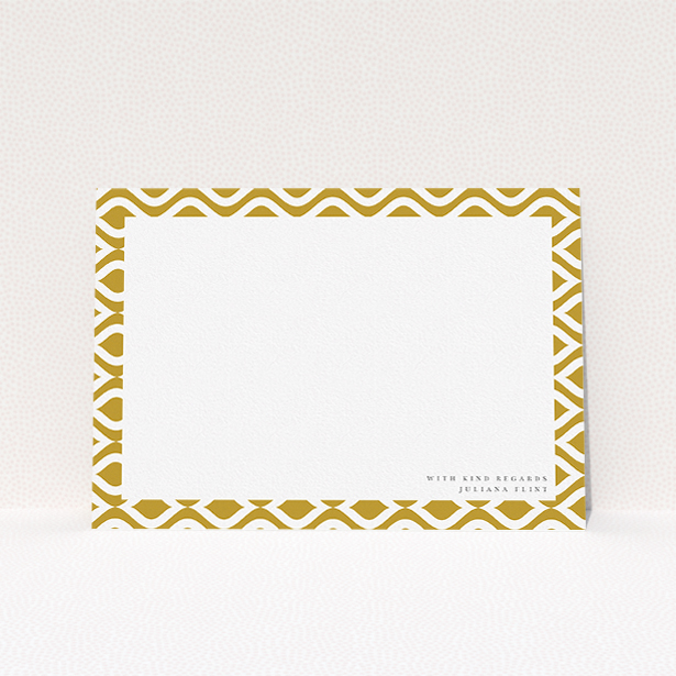 A ladies personalised note card called "Classic whirl". It is an A5 card in a landscape orientation. "Classic whirl" is available as a flat card, with tones of gold and white.