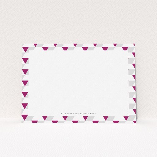 Personalised Note Card Design for Women - "Dimensions of colour" A ladies personalised note card named "Dimensions of colour". It is an A5 card in a landscape orientation. "Dimensions of colour" is available as a flat card, with mainly purple/dark pink colouring.