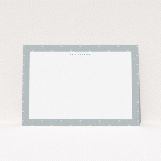 Personalised Note Card Design for Women - "Discs at dawn" A ladies personalised note card design titled "Discs at dawn". It is an A5 card in a landscape orientation. "Discs at dawn" is available as a flat card, with tones of grey and blue.