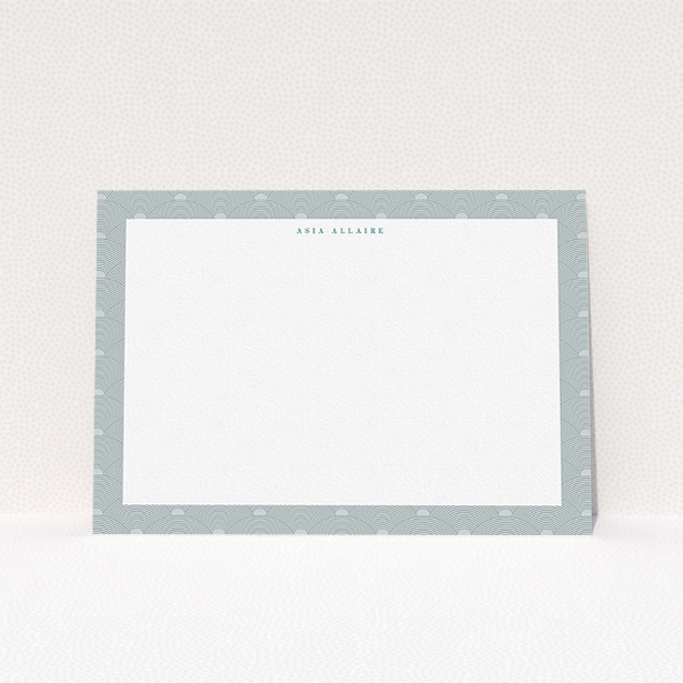 A ladies personalised note card design titled "Discs at dawn". It is an A5 card in a landscape orientation. "Discs at dawn" is available as a flat card, with tones of grey and blue.