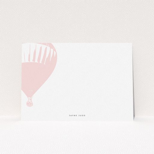 Personalised Note Card Design for Women - "Drifting away" A ladies personalised note card design titled "Drifting away". It is an A5 card in a landscape orientation. "Drifting away" is available as a flat card, with tones of pink and white.