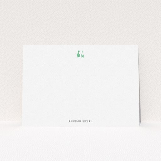 Personalised Note Card Design for Women - "Duck with duck" A ladies personalised note card called "Duck with duck". It is an A5 card in a landscape orientation. "Duck with duck" is available as a flat card, with tones of white and green.