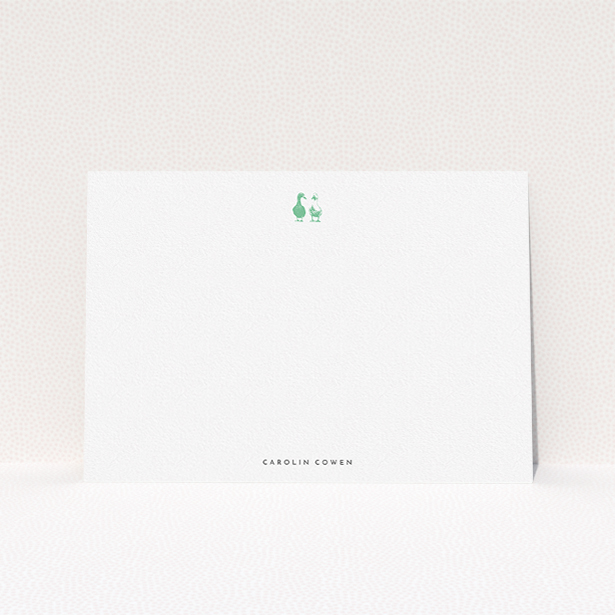 A ladies personalised note card called "Duck with duck". It is an A5 card in a landscape orientation. "Duck with duck" is available as a flat card, with tones of white and green.