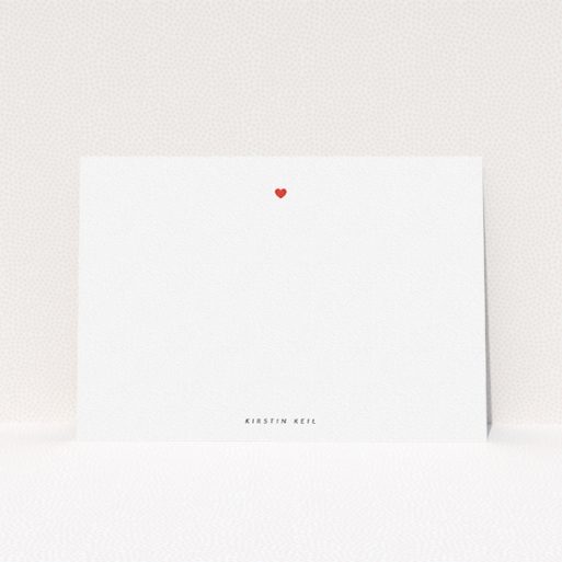 Personalised Note Card Design for Women - "Just one heart" A ladies personalised note card called "Just one heart". It is an A5 card in a landscape orientation. "Just one heart" is available as a flat card, with tones of white and red.