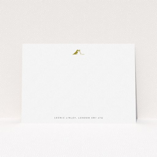 Personalised Note Card Design for Women - "Lovebirds" A ladies personalised note card design titled "Lovebirds". It is an A5 card in a landscape orientation. "Lovebirds" is available as a flat card, with tones of white and gold.