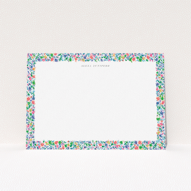 A ladies personalised note card template titled "Midsummer bloom". It is an A5 card in a landscape orientation. "Midsummer bloom" is available as a flat card, with mainly green colouring.