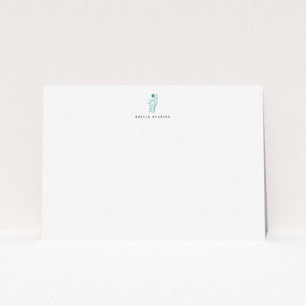 A ladies personalised note card design called "One small step". It is an A5 card in a landscape orientation. "One small step" is available as a flat card, with tones of white and green.