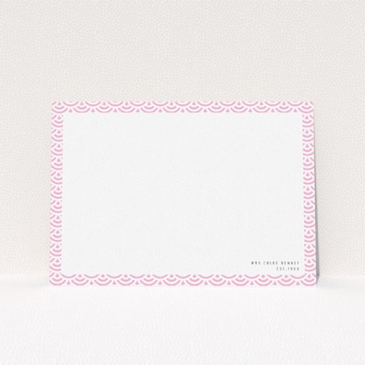 Personalised Note Card Design for Women - "Pink Fan Pattern" A ladies personalised note card design titled "Pink Fan Pattern". It is an A5 card in a landscape orientation. "Pink Fan Pattern" is available as a flat card, with tones of pink and white.