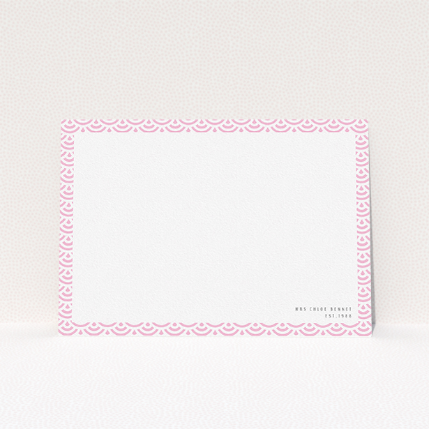 A ladies personalised note card design titled "Pink Fan Pattern". It is an A5 card in a landscape orientation. "Pink Fan Pattern" is available as a flat card, with tones of pink and white.