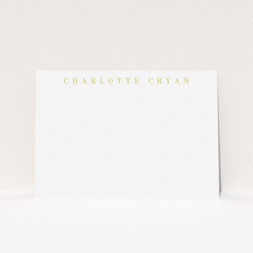 Personalised Note Card Design for Women - "Remember the name" A ladies personalised note card named "Remember the name". It is an A5 card in a landscape orientation. "Remember the name" is available as a flat card, with tones of white and gold.