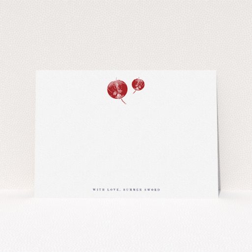 Personalised Note Card Design for Women - "Shanghai Nights" A ladies personalised note card design named "Shanghai Nights". It is an A5 card in a landscape orientation. "Shanghai Nights" is available as a flat card, with tones of white and red.