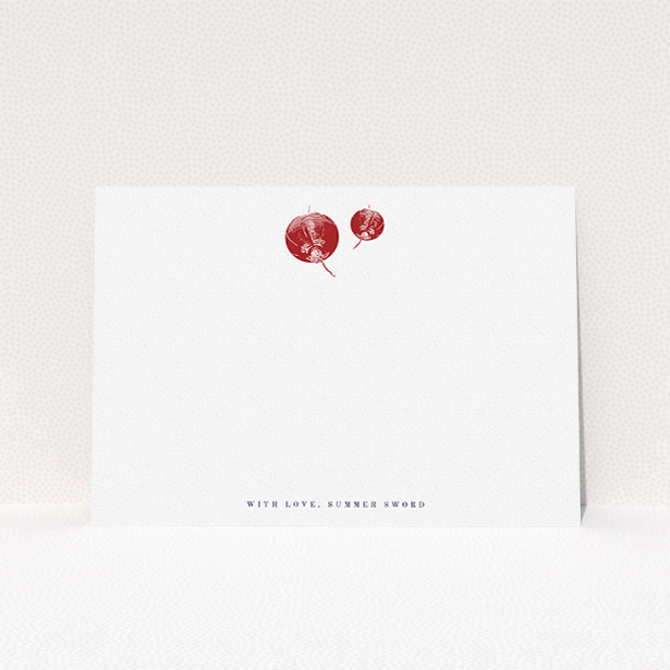 A ladies personalised note card design named "Shanghai Nights". It is an A5 card in a landscape orientation. "Shanghai Nights" is available as a flat card, with tones of white and red.