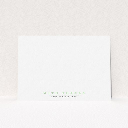 Personalised Note Card Design for Women - "Thanks is important" A ladies personalised note card design titled "Thanks is important". It is an A5 card in a landscape orientation. "Thanks is important" is available as a flat card, with tones of white and green.