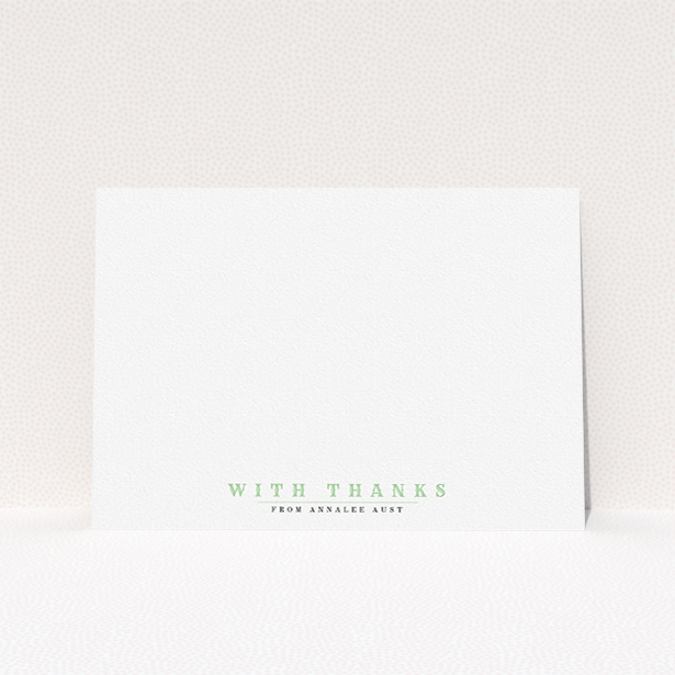 A ladies personalised note card design titled "Thanks is important". It is an A5 card in a landscape orientation. "Thanks is important" is available as a flat card, with tones of white and green.
