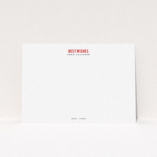 Custom Writing Stationery Design for Men - "Best wishes" A men custom writing stationery design named "Best wishes". It is an A5 card in a landscape orientation. "Best wishes" is available as a flat card, with tones of white and red.