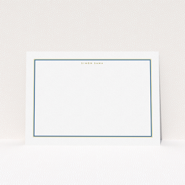 A men custom writing stationery design named "Blue and gold border". It is an A5 card in a landscape orientation. "Blue and gold border" is available as a flat card, with mainly white colouring.