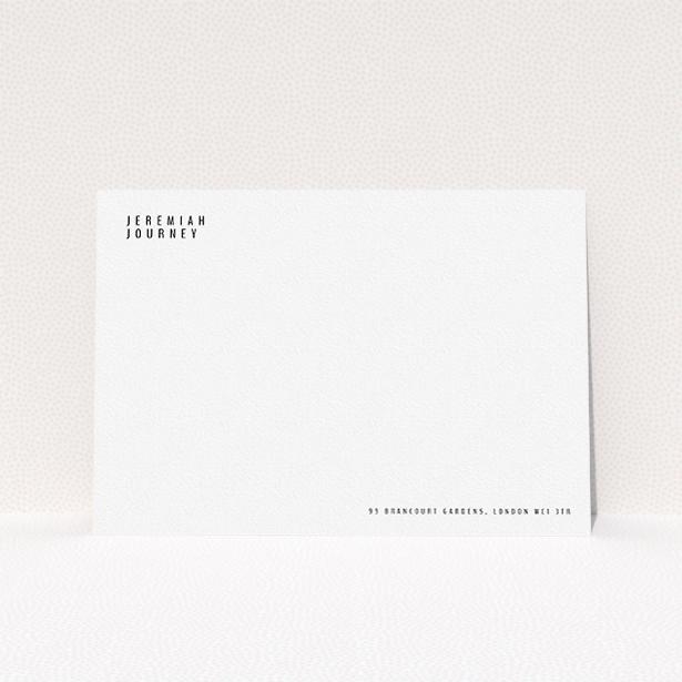 A men custom writing stationery design titled "Corner to corner". It is an A5 card in a landscape orientation. "Corner to corner" is available as a flat card, with mainly white colouring.