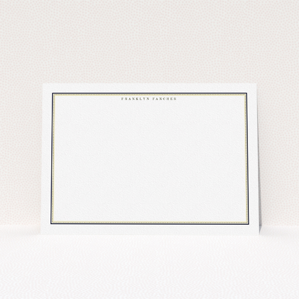 A men custom writing stationery template titled "Decapoda". It is an A5 card in a landscape orientation. "Decapoda" is available as a flat card, with tones of gold and white.