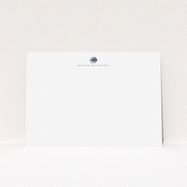 A men custom writing stationery design named "Found on the shore". It is an A5 card in a landscape orientation. "Found on the shore" is available as a flat card, with tones of white and blue.