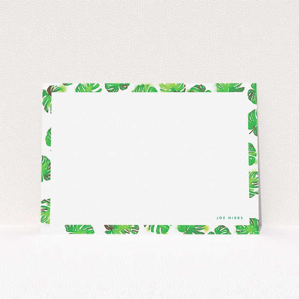 A men custom writing stationery named "Jungle Sky". It is an A5 card in a landscape orientation. "Jungle Sky" is available as a flat card, with tones of green and white.
