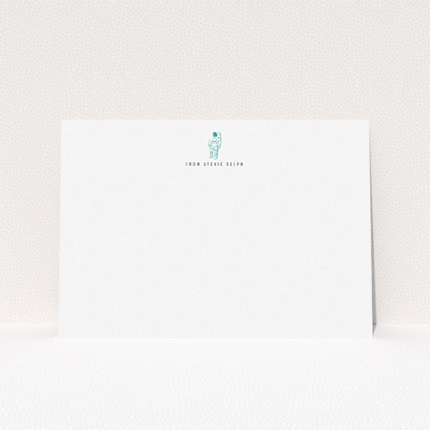 A men custom writing stationery design called "One small step". It is an A5 card in a landscape orientation. "One small step" is available as a flat card, with tones of white and green.