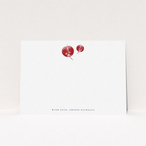 Custom Writing Stationery Design for Men - "Shanghai Nights" A men custom writing stationery design called "Shanghai Nights". It is an A5 card in a landscape orientation. "Shanghai Nights" is available as a flat card, with tones of white and red.