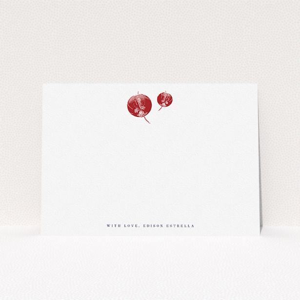 A men custom writing stationery design called "Shanghai Nights". It is an A5 card in a landscape orientation. "Shanghai Nights" is available as a flat card, with tones of white and red.