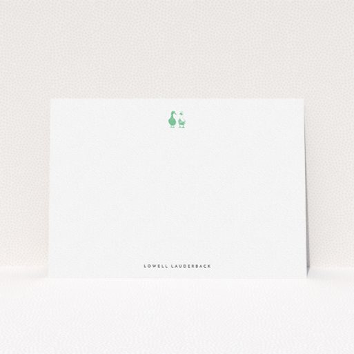Custom Writing Stationery Design for Men - "Two little ducks" A men custom writing stationery called "Two little ducks". It is an A5 card in a landscape orientation. "Two little ducks" is available as a flat card, with tones of white and green.