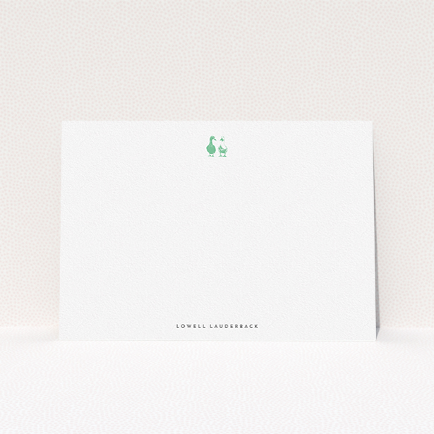 A men custom writing stationery called "Two little ducks". It is an A5 card in a landscape orientation. "Two little ducks" is available as a flat card, with tones of white and green.
