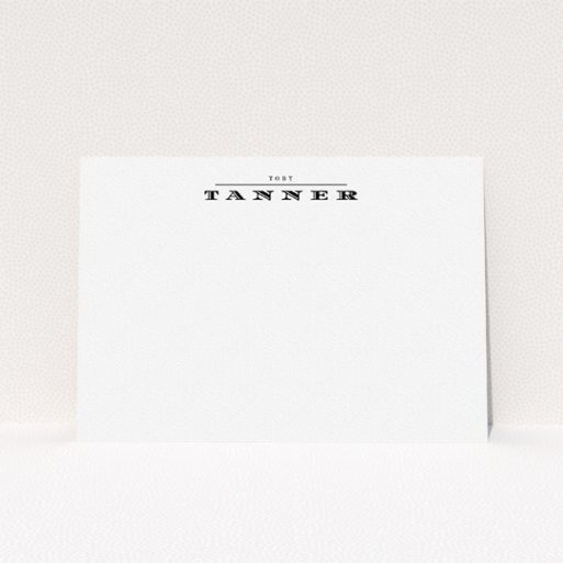 Custom Writing Stationery Design for Men - "Under written" A men custom writing stationery called "Under written". It is an A5 card in a landscape orientation. "Under written" is available as a flat card, with mainly white colouring.