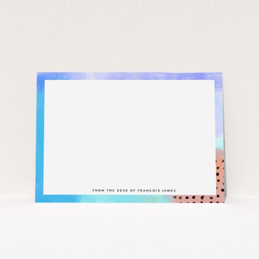 Personalised Note Card Design for Men - "Abstract Pastel" A men personalised note card named "Abstract Pastel". It is an A5 card in a landscape orientation. "Abstract Pastel" is available as a flat card, with tones of blue, light blue and light red.